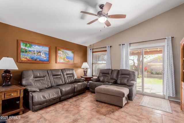 living room with lofted ceiling and ceiling fan