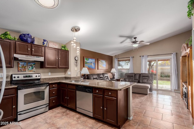 kitchen with pendant lighting, sink, kitchen peninsula, stainless steel appliances, and dark brown cabinets