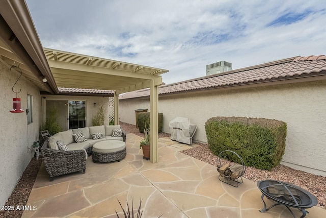 view of patio / terrace featuring central AC, outdoor lounge area, and a pergola