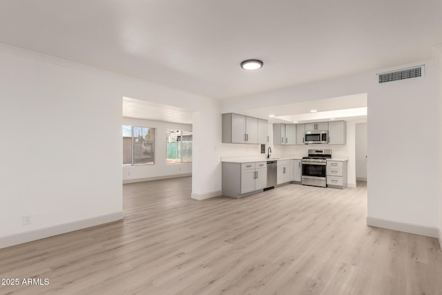 kitchen featuring appliances with stainless steel finishes, sink, light hardwood / wood-style floors, and gray cabinets