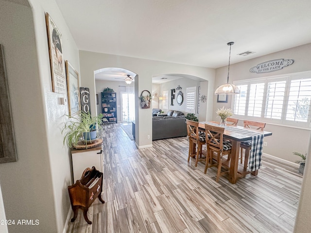 dining space with ceiling fan and light wood-type flooring