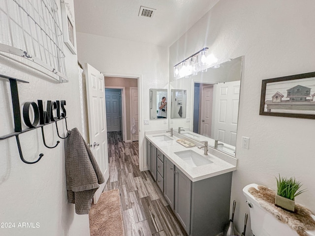 bathroom featuring vanity, toilet, and hardwood / wood-style floors