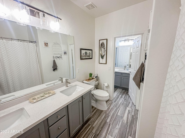 bathroom featuring vanity, wood-type flooring, and toilet