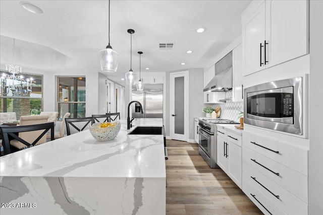 kitchen with pendant lighting, built in appliances, a center island with sink, light wood-type flooring, and sink