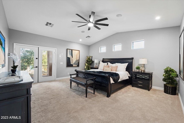 carpeted bedroom with access to exterior, ceiling fan, french doors, and vaulted ceiling