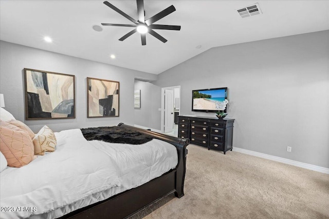 bedroom featuring light colored carpet, ceiling fan, and lofted ceiling