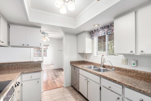 kitchen with white cabinetry, sink, light hardwood / wood-style flooring, stainless steel dishwasher, and range