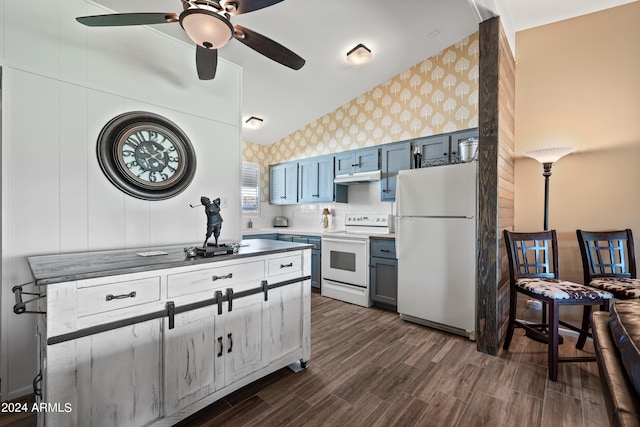 kitchen with ceiling fan, white appliances, backsplash, blue cabinetry, and dark hardwood / wood-style floors