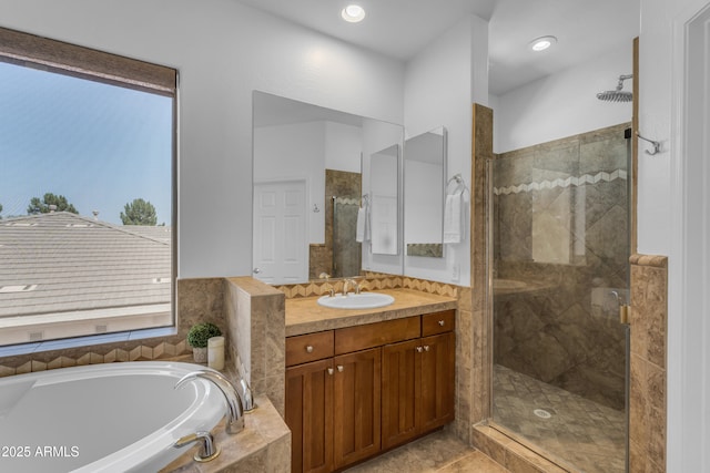 3806 E Taurus Pl, Chandler, AZ 85249 - bathroom featuring a garden tub, a shower stall, vanity, and recessed lighting