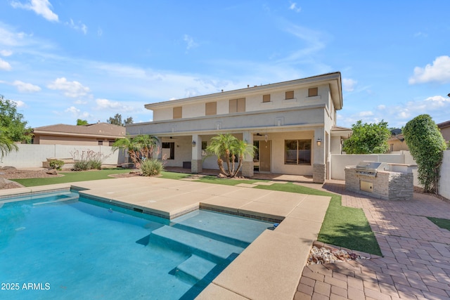 3806 E Taurus Pl, Chandler, AZ 85249 - rear view of property with exterior kitchen, a ceiling fan, a fenced backyard, and a patio