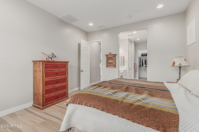 bedroom featuring recessed lighting, baseboards, light wood-type flooring, and visible vents