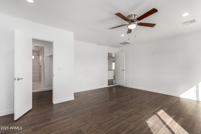 unfurnished bedroom with recessed lighting, visible vents, baseboards, and wood finished floors