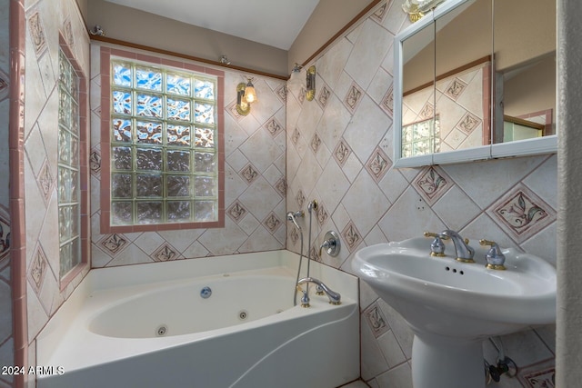 bathroom with tile walls