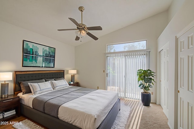 522 W Dennis Ct, Tempe, AZ 85283 - bedroom with access to exterior, vaulted ceiling, two closets, and ceiling fan