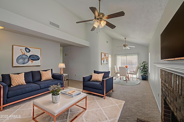 522 W Dennis Ct, Tempe, AZ 85283 - living room featuring ceiling fan, carpet, and high vaulted ceiling