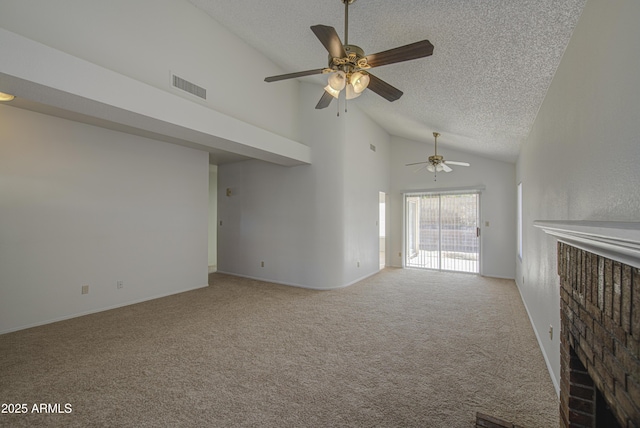 522 W Dennis Ct, Tempe, AZ 85283 - unfurnished living room with a textured ceiling, a ceiling fan, high vaulted ceiling, a brick fireplace, and carpet