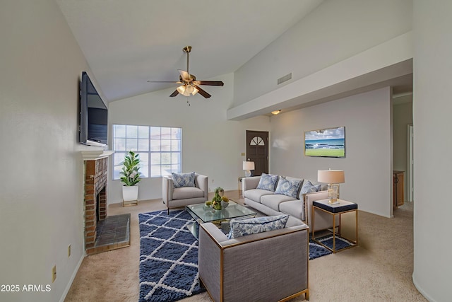 522 W Dennis Ct, Tempe, AZ 85283 - living area with light carpet, a ceiling fan, a brick fireplace, and high vaulted ceiling