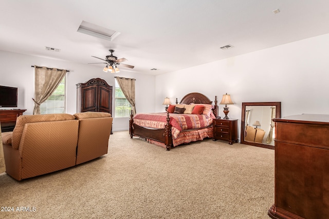 carpeted bedroom with ceiling fan