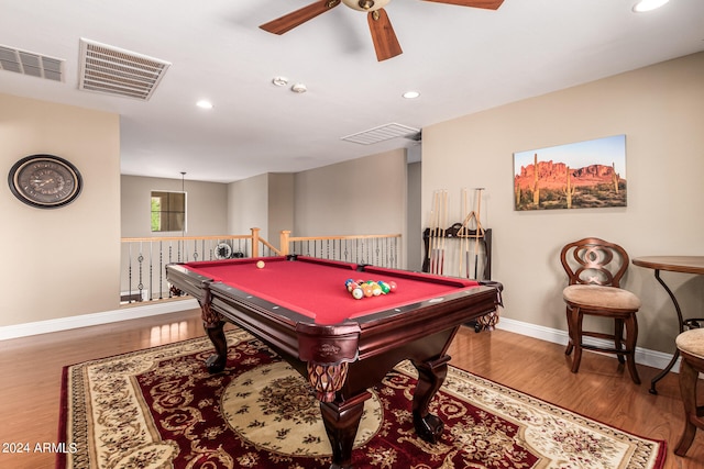 recreation room with hardwood / wood-style flooring, ceiling fan, and billiards