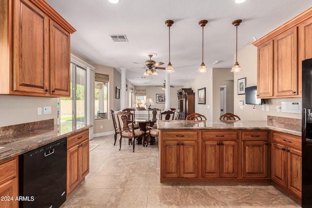 kitchen featuring kitchen peninsula, ceiling fan, black appliances, and decorative light fixtures