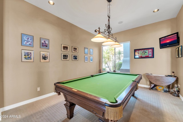 playroom featuring billiards and light carpet