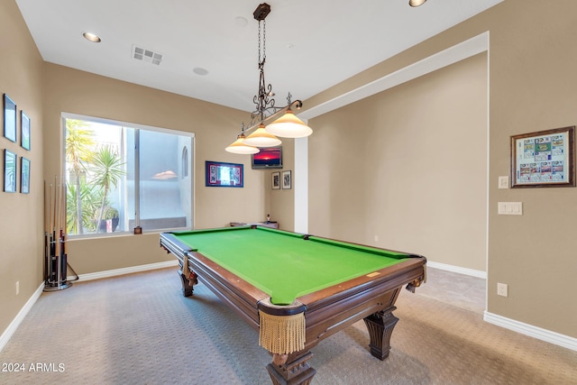 recreation room featuring pool table and light carpet