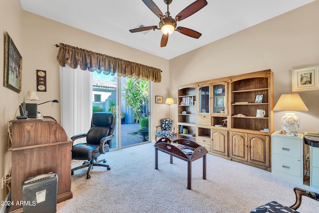 office with ceiling fan and light colored carpet