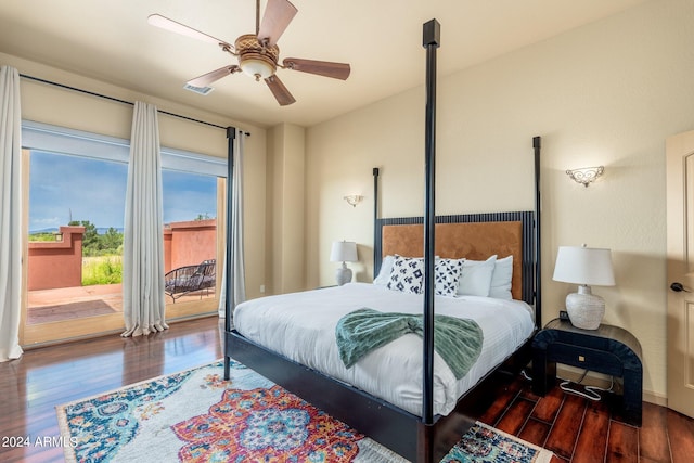 bedroom with ceiling fan, access to exterior, and dark hardwood / wood-style floors