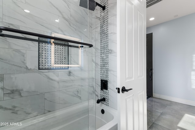 full bathroom with shower / tub combination, visible vents, baseboards, and recessed lighting