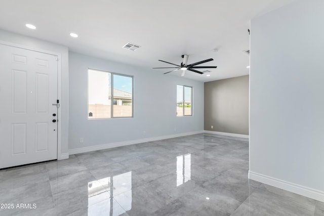 foyer featuring ceiling fan, recessed lighting, visible vents, and baseboards