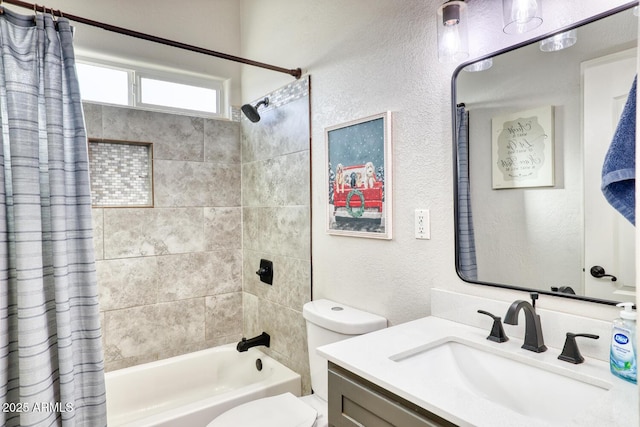 full bathroom with shower / bath combination with curtain, toilet, and vanity