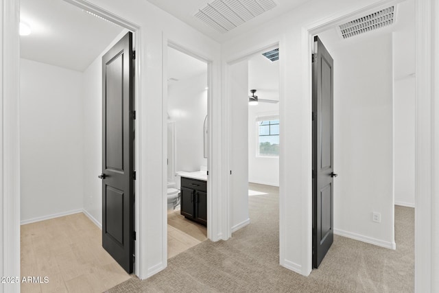 corridor with light colored carpet