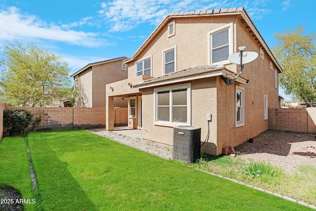 back of house featuring stucco siding, central AC unit, and a fenced backyard