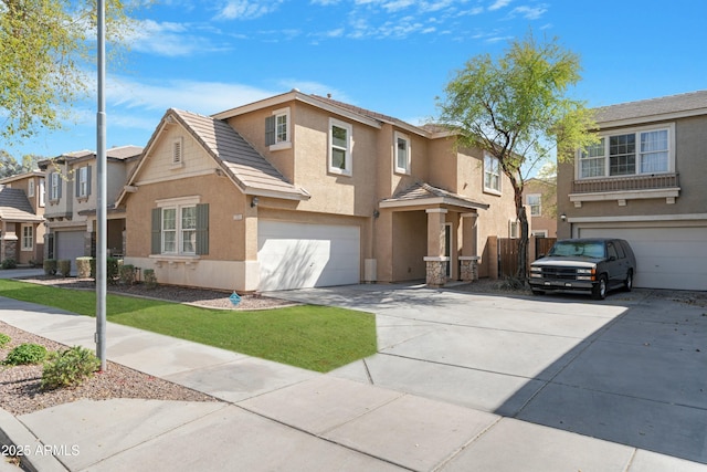 traditional home featuring driveway, an attached garage, stucco siding, a tiled roof, and a residential view