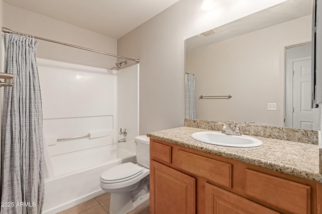 bathroom with tile patterned floors, toilet, vanity, and shower / bathtub combination with curtain