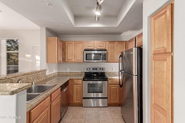 kitchen with light tile patterned floors, light stone countertops, a tray ceiling, a sink, and stainless steel appliances