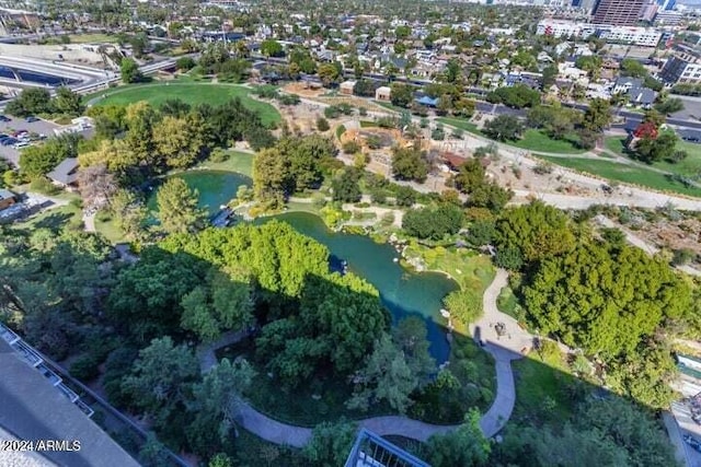 bird's eye view with a water view