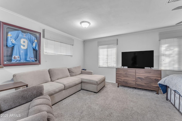 living room with light carpet and ornamental molding