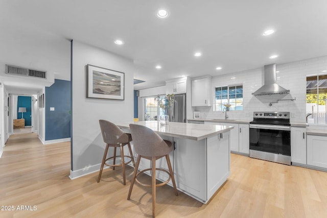 kitchen with white cabinets, appliances with stainless steel finishes, and wall chimney exhaust hood