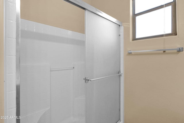 bathroom featuring a shower with shower door