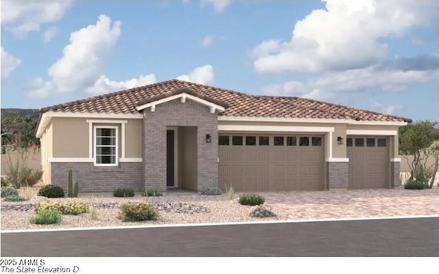 mediterranean / spanish home featuring a garage, brick siding, decorative driveway, and a tile roof