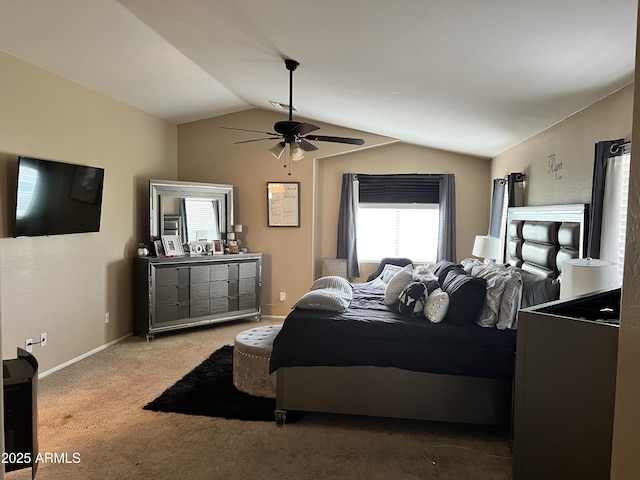 bedroom featuring lofted ceiling, carpet floors, and ceiling fan