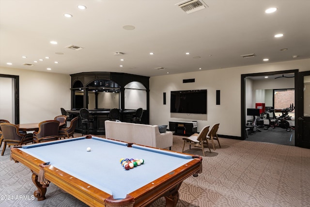 rec room with indoor bar, carpet, and billiards