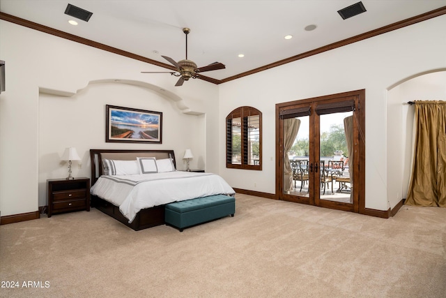 carpeted bedroom featuring ceiling fan, access to exterior, french doors, and ornamental molding