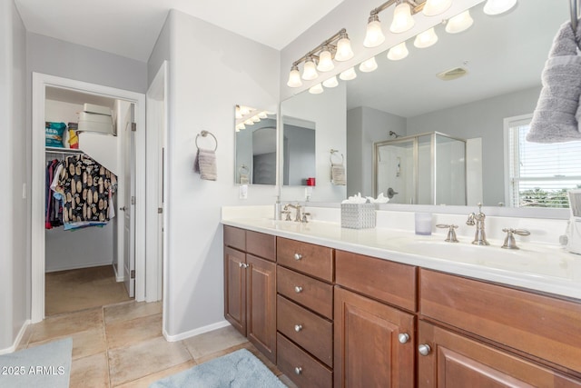 905 S Osborn Ln, Gilbert, AZ 85296 - full bath featuring a shower stall, double vanity, a walk in closet, and tile patterned flooring