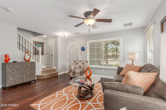 905 S Osborn Ln, Gilbert, AZ 85296 - living area featuring stairs, wood finished floors, and a ceiling fan