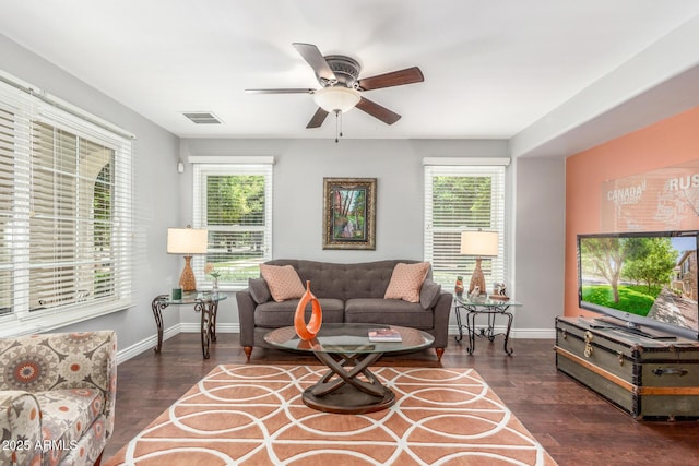 905 S Osborn Ln, Gilbert, AZ 85296 - living room featuring a ceiling fan, plenty of natural light, and wood finished floors