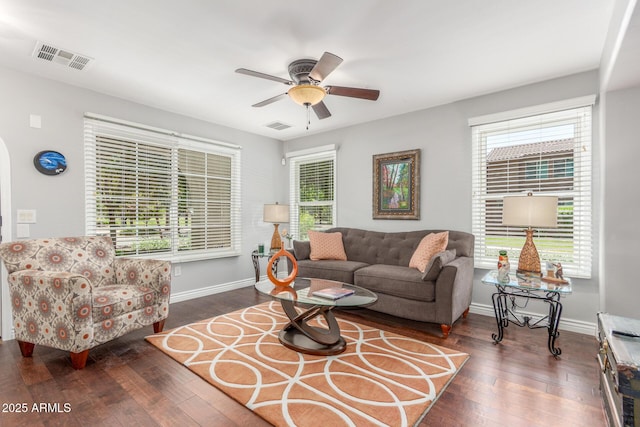 905 S Osborn Ln, Gilbert, AZ 85296 - living room with hardwood / wood-style flooring, ceiling fan, and plenty of natural light