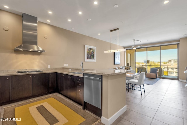 kitchen with ceiling fan, appliances with stainless steel finishes, sink, dark brown cabinets, and wall chimney exhaust hood