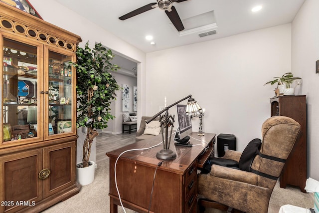 office area with recessed lighting, visible vents, and ceiling fan